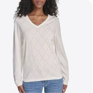 TOMMY HILFIGER Cream V Neck Gold Stud Argyle Pattern Knit Sweater  M NWOT